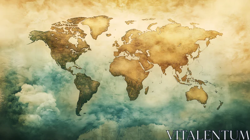 Vintage world map glows softly above dreamy, misty clouds
