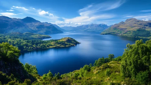 Deep blue Highland loch curls between sunlit emerald peaks