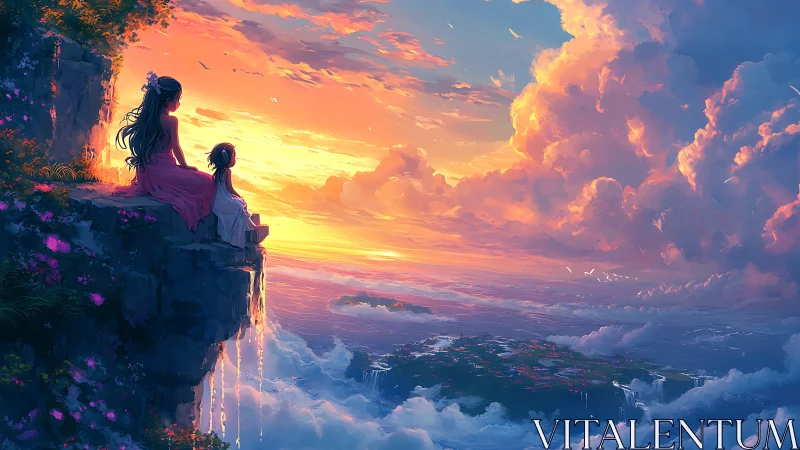 Cliffside sisters observe volumetric sunset clouds over distant isles