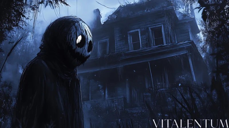 Figure with round mask stands before decayed two story house