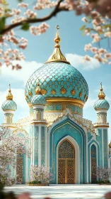 Turquoise domed mosque rises among soft cherry blossoms