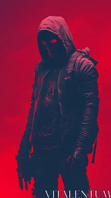 Shrouded vigilante stands poised in a bold neon red haze