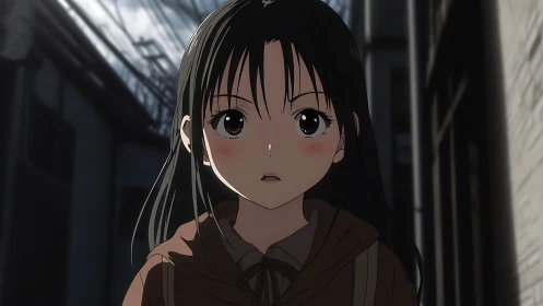 Urban alley anime portrait under diffuse overhead lighting.