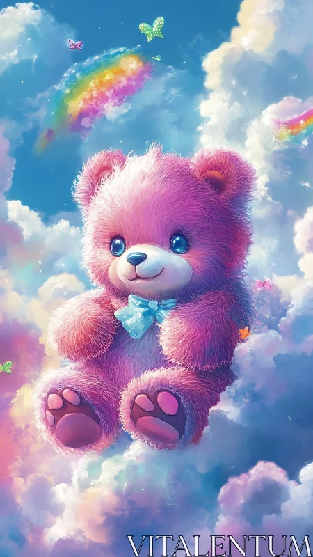 Pink teddy bear drifts through rainbow-lit dream clouds.