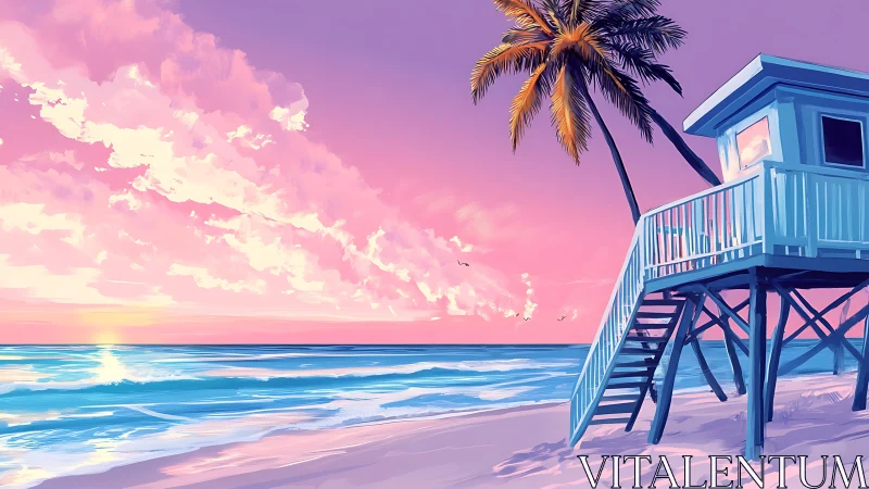 Tropical lifeguard tower under neon sunset sky.