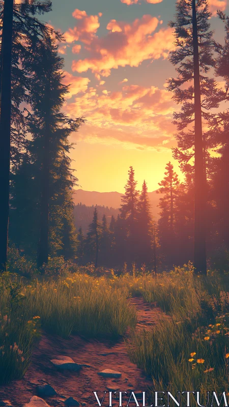 Painted Golden Hour: Forest's Fire-Lit Portal to Dusk.