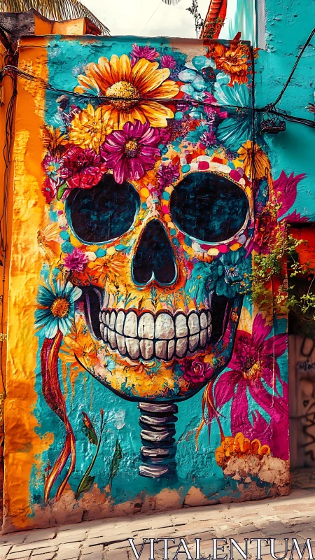 Colorful floral skull mural covers textured urban wall