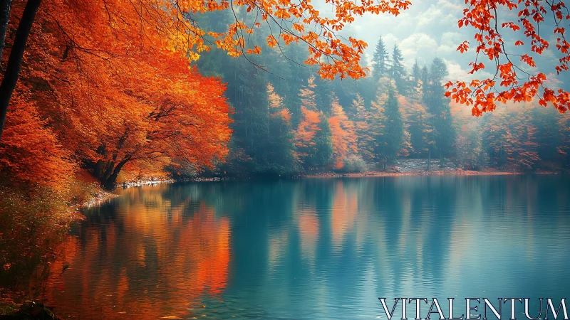Quiet autumn lakeside wrapped in glowing fiery foliage.