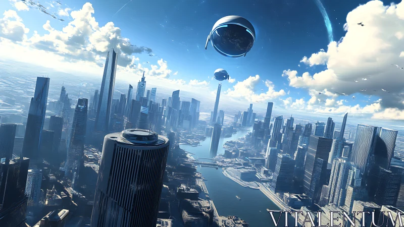 Futuristic riverfront megacity under bright blue sky panorama.