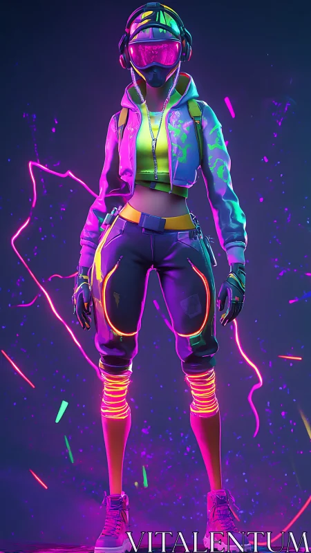 Neon cyber streetwear avatar with emissive trims and volumetric glow
