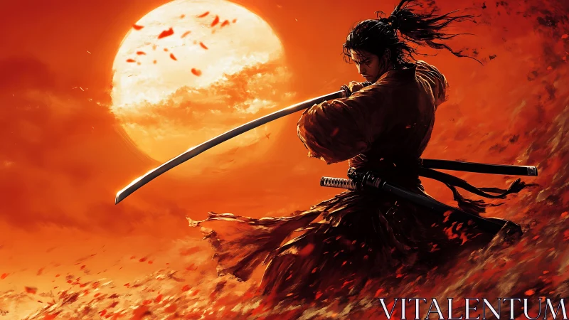 Samurai swordsman silhouettes against incandescent blood-red sunset