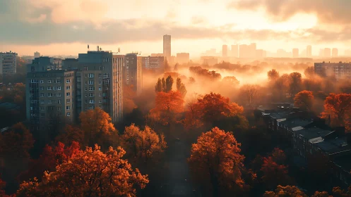 Autumn city skyline emerging through glowing morning fog.