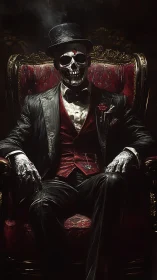 Skeletal gentleman rules crimson throne in shadowed parlor.