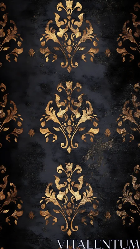 Baroque gold damask motif repeats on distressed black ground