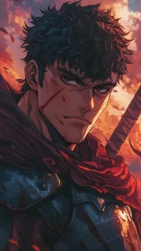 Anime warrior portrait under burning dusk sky, dynamic lighting.