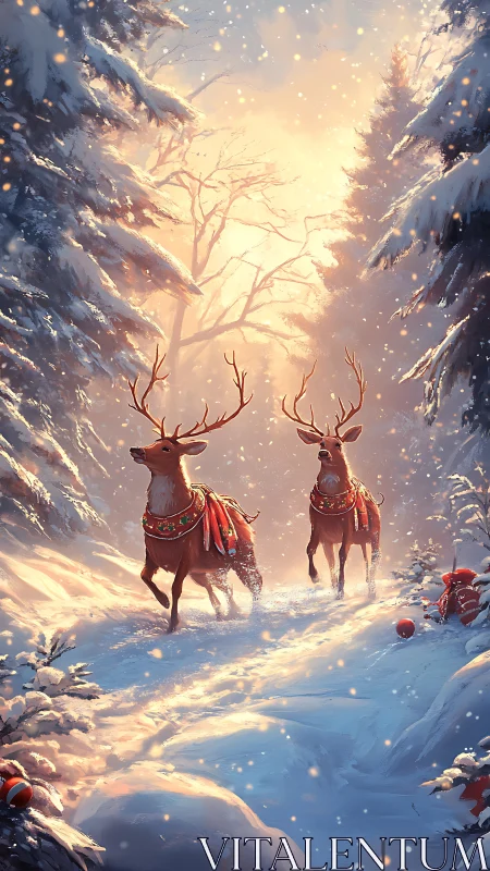 Reindeer in decorated harnesses crossing snowy forest path.