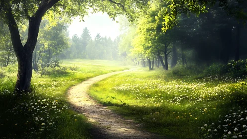 Serene sunlit forest path with wildflowers, digital nature art.