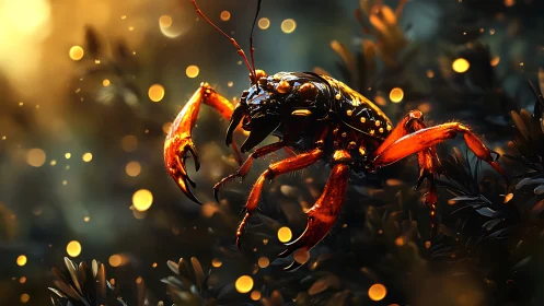 Luminescent scarab-crab hybrid insect under golden bokeh glow.
