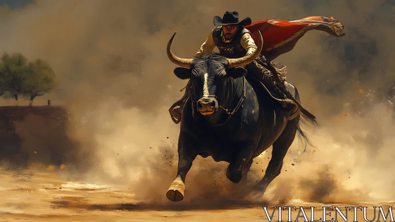Cowboy rides charging bull through swirling desert dust.