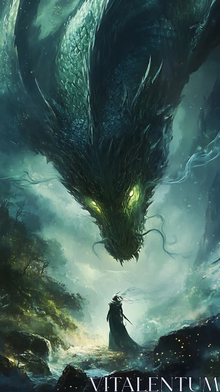 Vertical illustration shows robed figure facing large dragon