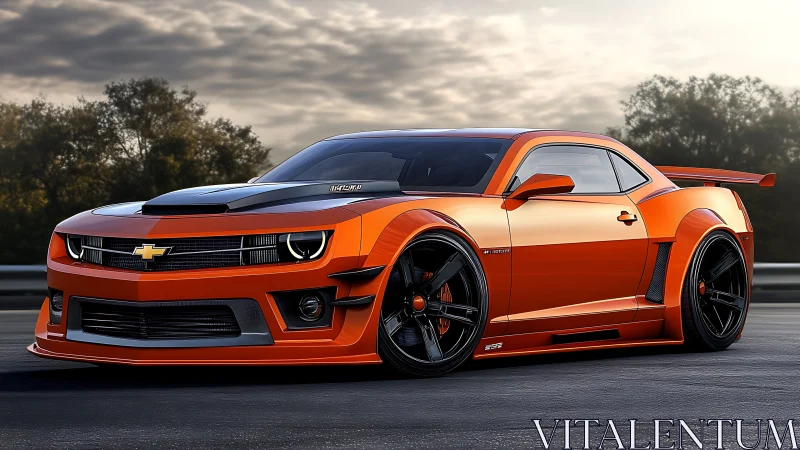 Orange muscle car gleams with aggressive widebody styling.