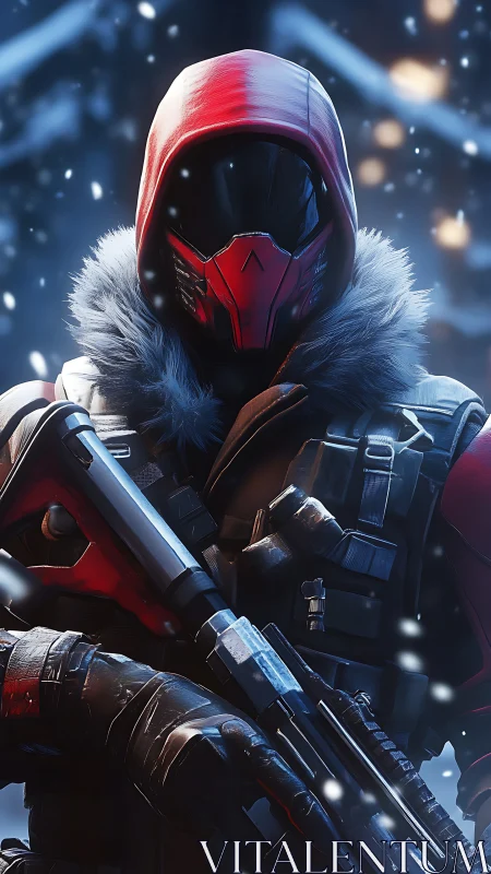 Tactical Operative in Red Armor Against Snowy Digital Environment.