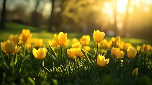 Golden tulip field under warm spring sunrise light.