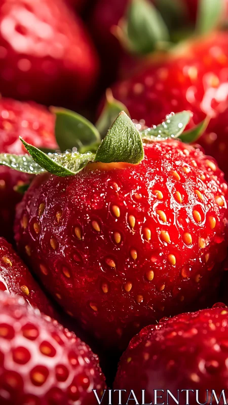 Macro optical study of dew-laden ripe strawberry surfaces.