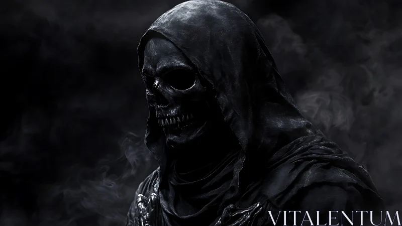 Hooded skeletal figure in dark environment with smoke present.