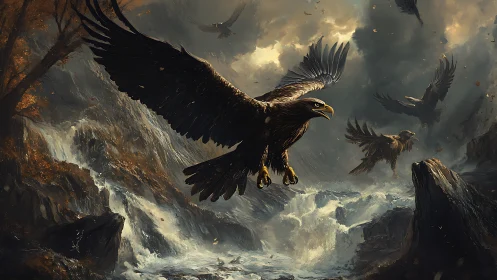 Majestic Eagles Soaring Above Mountain Waterfall in Dramatic Art.