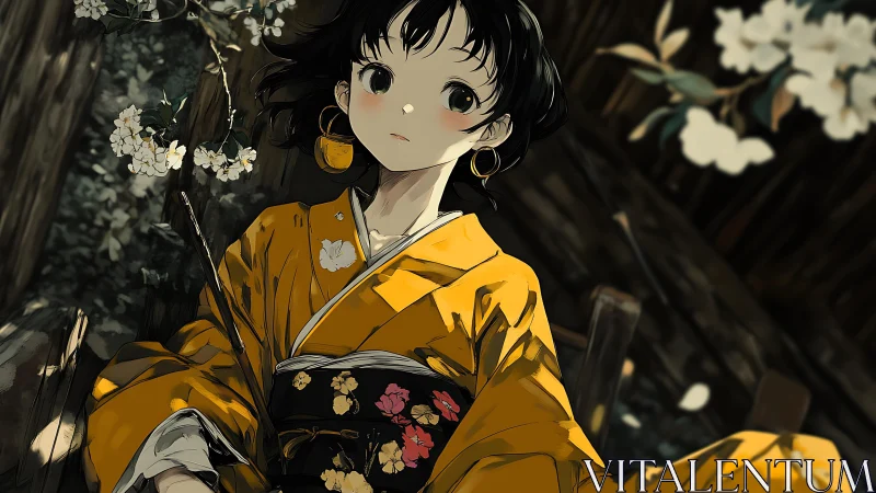 Anime girl in yellow kimono rendered with dramatic chiaroscuro lighting