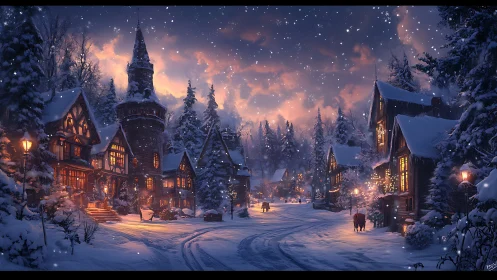 Snowy winter village glows under warm twilight sky.