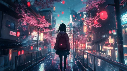 Solitary girl walks under neon lanterns and cherry blossoms.
