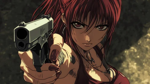 Dynamic anime gunwoman in extreme foreshortened perspective aiming