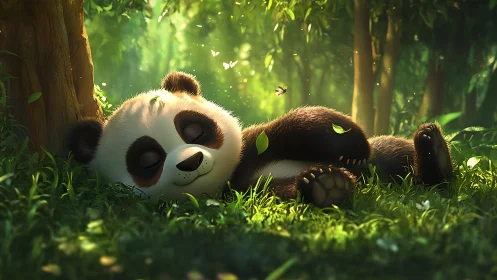 Cute cartoon panda sleeping in sunny green forest glade.