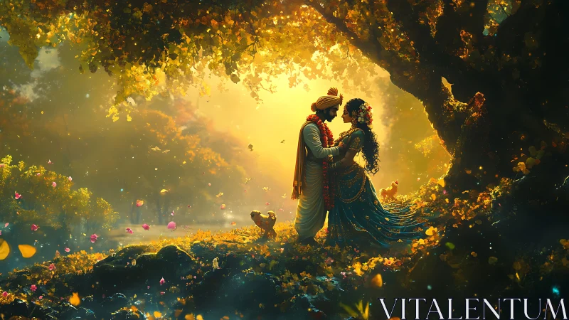 Luminous Reunion Beneath Golden Canopy with Particle Effects