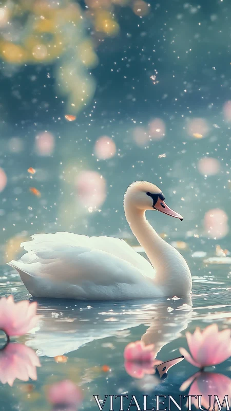 Graceful swan drifting through dreamy blossom reflections.