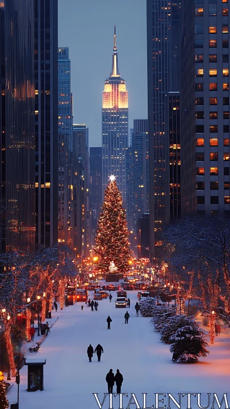 Snowy city avenue with illuminated tree and skyline glow.