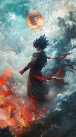 Warrior in storm of fire and clouds under burning planet.