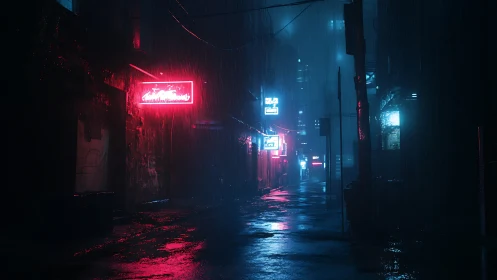 Rain soaked neon alleyway under blue and red light.