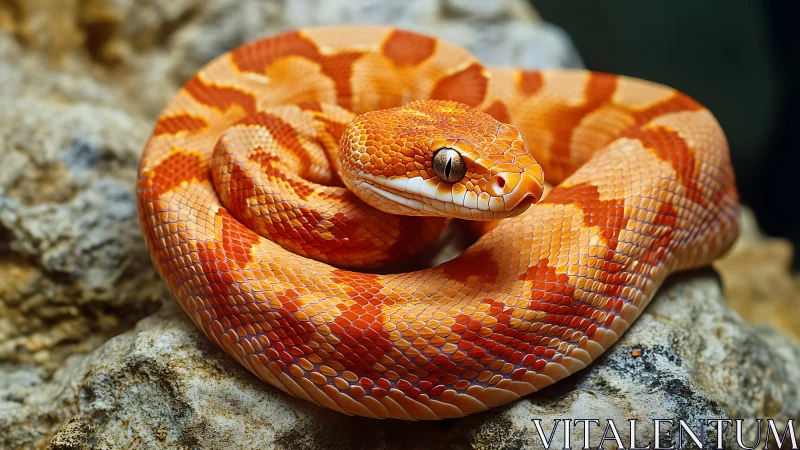 Coiled sunset serpent resting on warm stone ledge.