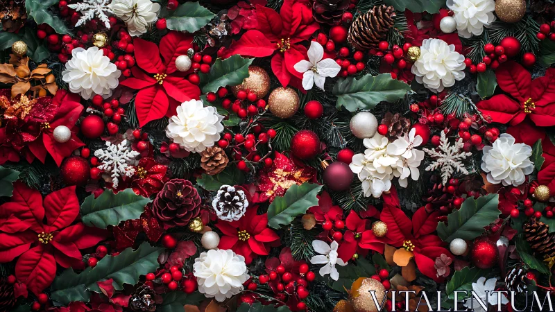 Crimson poinsettias and winter blooms weave festive tapestry.