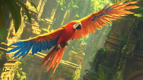 Scarlet macaw glides through sunlit jungle ruins in flight