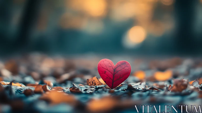 Red Heart-Shaped Leaf on Autumn Ground.