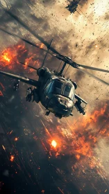 Attack helicopter banking over urban firestorm battlefield
