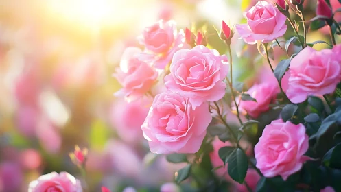 Pink roses flourish in radiant garden sunlight.