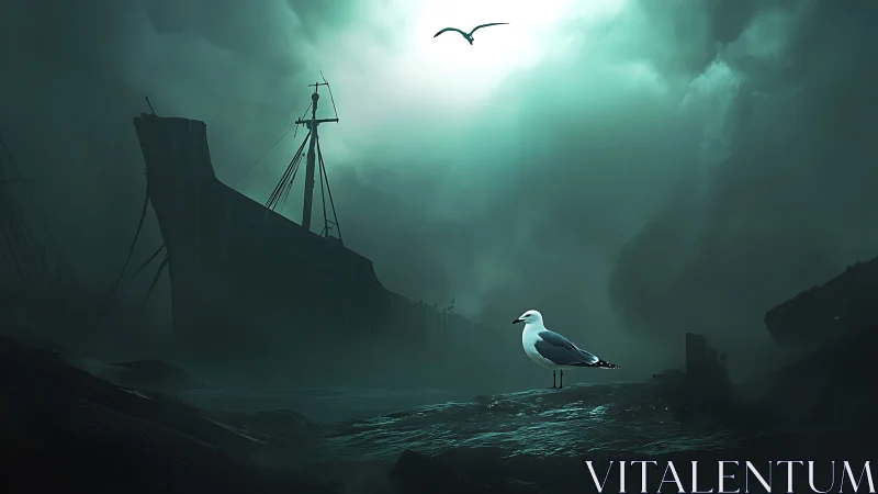 Solitary seagull surveys abandoned ship in stormlit seascape