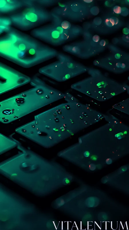 Wet computer keyboard with green bokeh lighting effect.