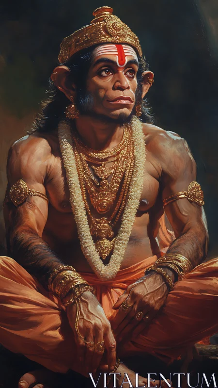 Mythic monkey warrior seated in ornate golden jewelry.