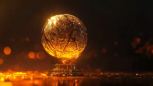 Golden glass sphere trophy on reflective surface at night.